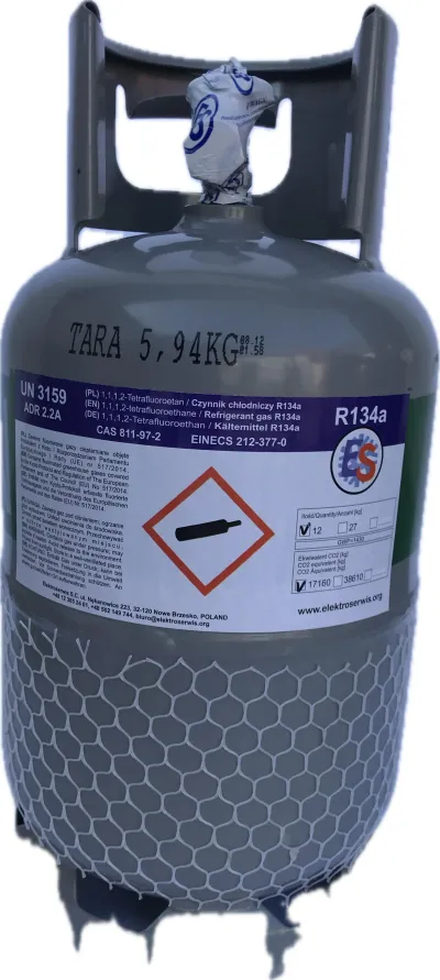 Butla z czynnikiem chłodniczym R134a - standardowy czynnik stosowany w starszych systemach klimatyzacji samochodowej