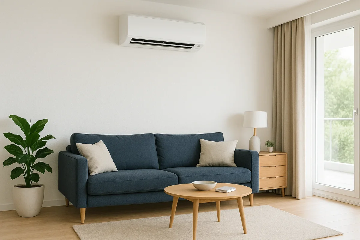 Nowoczesny, minimalistyczny salon z dyskretnie zamontowaną klimatyzacją ścienną, zapewniającą komfort termiczny w pomieszczeniu